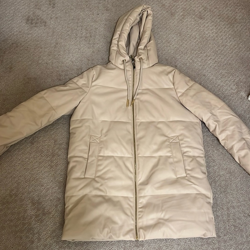 Beige Zara Long Leather Puffer Jacket